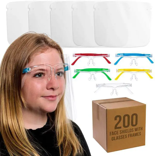 Main image of Salon World Safety 200 Kids Face Shields with Glasses Frames (20 Packs of 10) - 5 Colors, 40 Each - Protective Children's Full Face Shields to Protect Eyes Nose Mouth - Anti-Fog PET Plastic