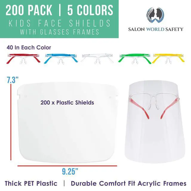 Alt view image 2 of 6 - Salon World Safety 200 Kids Face Shields with Glasses Frames (20 Packs of 10) - 5 Colors, 40 Each - Protective Children's Full Face Shields to Protect Eyes Nose Mouth - Anti-Fog PET Plastic