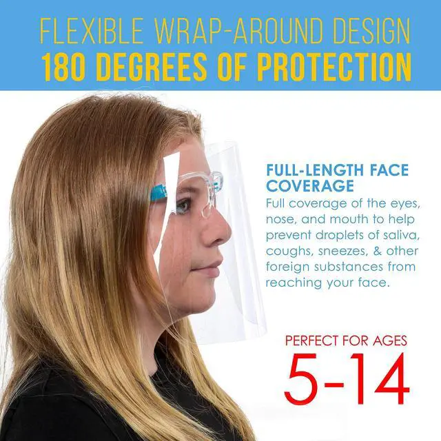 Alt view image 3 of 6 - Salon World Safety 200 Kids Face Shields with Glasses Frames (20 Packs of 10) - 5 Colors, 40 Each - Protective Children's Full Face Shields to Protect Eyes Nose Mouth - Anti-Fog PET Plastic