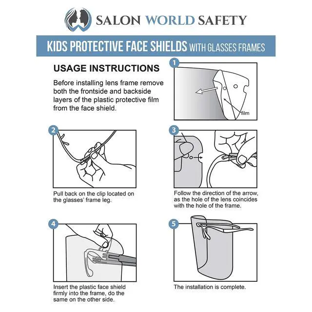 Alt view image 6 of 6 - Salon World Safety 200 Kids Face Shields with Glasses Frames (20 Packs of 10) - 5 Colors, 40 Each - Protective Children's Full Face Shields to Protect Eyes Nose Mouth - Anti-Fog PET Plastic
