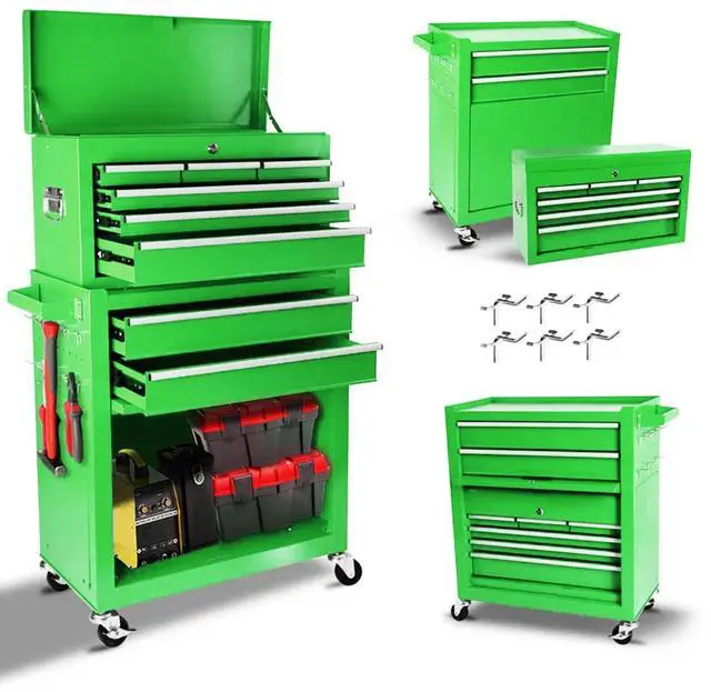Main image of 8-Drawer Rolling Tool Chest with Detachable Top Tool Box, Lockable Metal Tool Cabinet, and Liner, Heavy-Duty Storage Organizer with Wheels and 6 Hooks for Garage, Workshop, Green