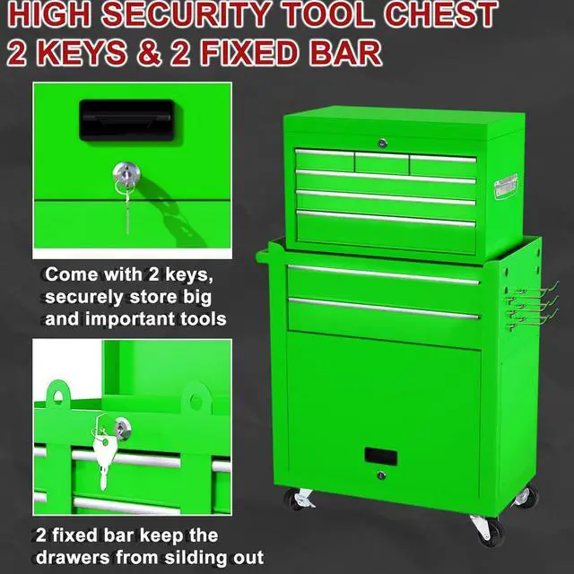Alt view image 5 of 6 - 8-Drawer Rolling Tool Chest with Detachable Top Tool Box, Lockable Metal Tool Cabinet, and Liner, Heavy-Duty Storage Organizer with Wheels and 6 Hooks for Garage, Workshop, Green