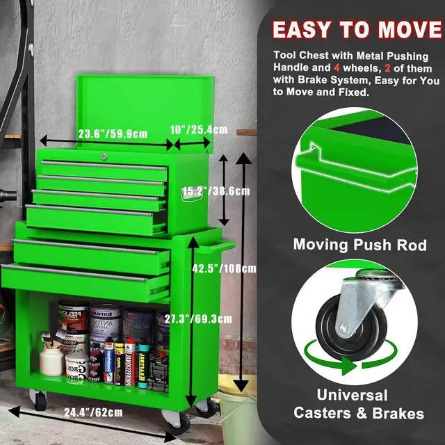 Alt view image 6 of 6 - 8-Drawer Rolling Tool Chest with Detachable Top Tool Box, Lockable Metal Tool Cabinet, and Liner, Heavy-Duty Storage Organizer with Wheels and 6 Hooks for Garage, Workshop, Green