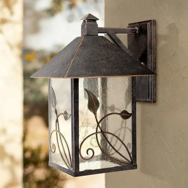 Alt view image 4 of 4 - French Garden Rustic Natural Cottage Core Outdoor Wall Fixture Bronze Metal Leaf and Vine Motif 15" Clear Seedy Glass Decor Exterior House Porch Patio Outside Garage Front Door