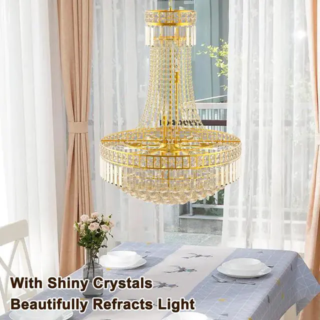 Alt view image 2 of 6 - 24'' Modern Crystal Chandelier Lighting, Luxury Raindrop Crystal Chandeliers Gold Classic Empire Style Hanging Pendant Light Fixture for Dining Living Room Foyer Bedroom