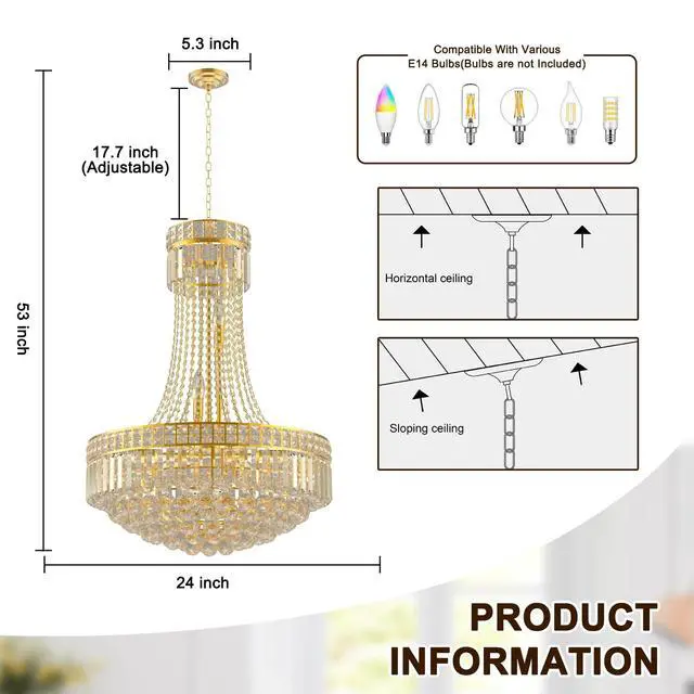 Alt view image 4 of 6 - 24'' Modern Crystal Chandelier Lighting, Luxury Raindrop Crystal Chandeliers Gold Classic Empire Style Hanging Pendant Light Fixture for Dining Living Room Foyer Bedroom