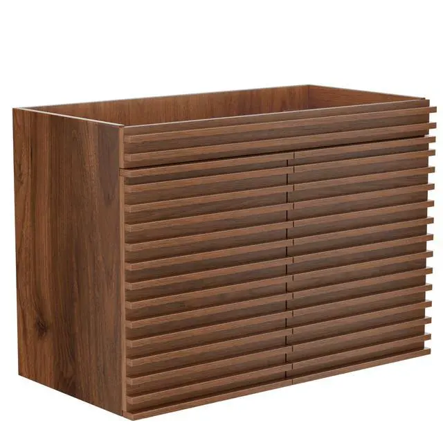 Main image of 36" Bathroom Vanity, Mid-Century Wall Mounted Floating Cabinet with 2 Closing Doors, Wood Grain Texture, Walnut (Sink Basin Not Included)