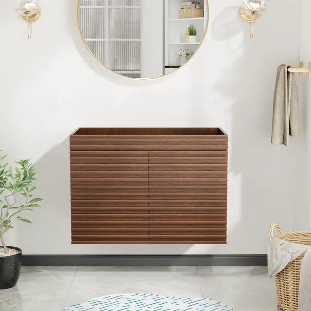 Alt view image 2 of 6 - 36" Bathroom Vanity, Mid-Century Wall Mounted Floating Cabinet with 2 Closing Doors, Wood Grain Texture, Walnut (Sink Basin Not Included)
