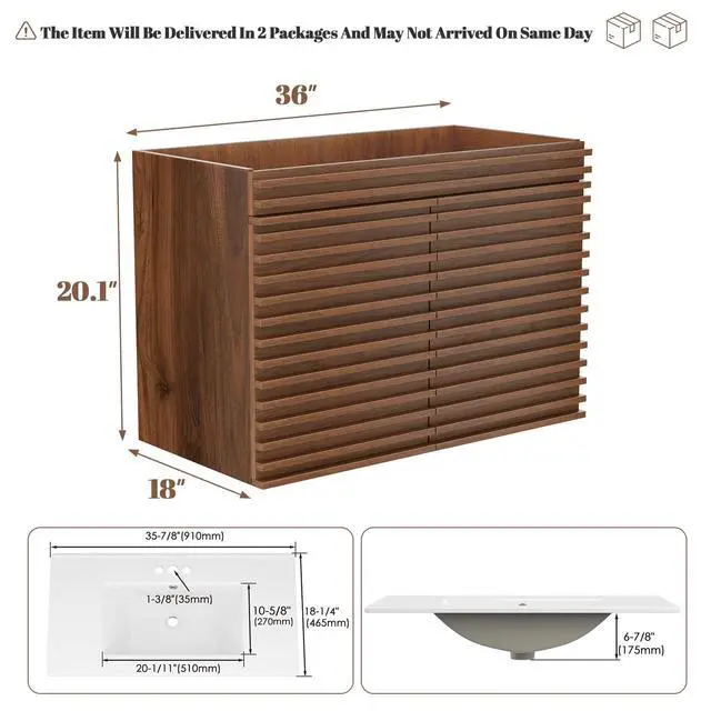 Alt view image 3 of 6 - 36" Bathroom Vanity, Mid-Century Wall Mounted Floating Cabinet with 2 Closing Doors, Wood Grain Texture, Walnut (Sink Basin Not Included)