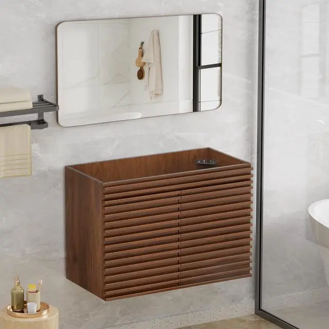Alt view image 4 of 6 - 36" Bathroom Vanity, Mid-Century Wall Mounted Floating Cabinet with 2 Closing Doors, Wood Grain Texture, Walnut (Sink Basin Not Included)