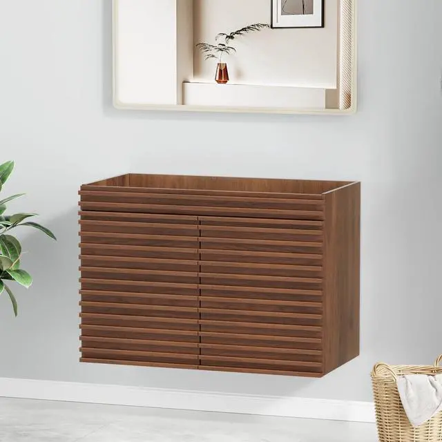 Alt view image 5 of 6 - 36" Bathroom Vanity, Mid-Century Wall Mounted Floating Cabinet with 2 Closing Doors, Wood Grain Texture, Walnut (Sink Basin Not Included)