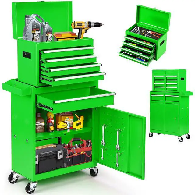Main image of 5-Drawer Rolling Tool Chest 2-in-1 Lockable Tool Box with Wheels, Sliding Drawers & Detachable Top Garage & Workshop Storage Cabinet, Green