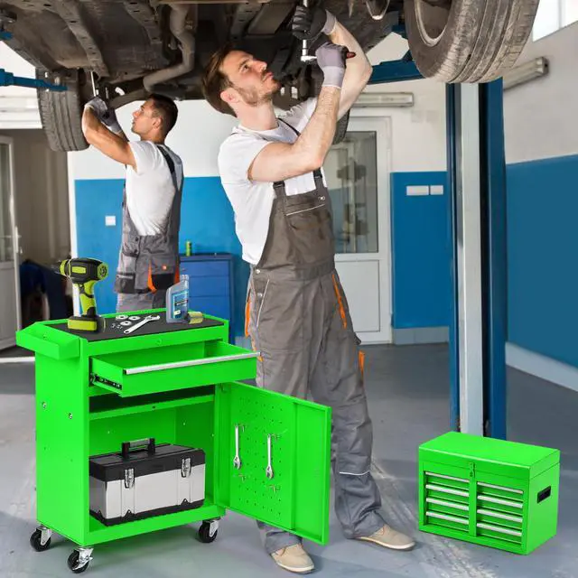 Alt view image 2 of 6 - 5-Drawer Rolling Tool Chest 2-in-1 Lockable Tool Box with Wheels, Sliding Drawers & Detachable Top Garage & Workshop Storage Cabinet, Green