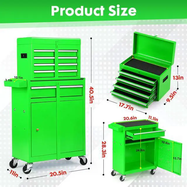 Alt view image 3 of 6 - 5-Drawer Rolling Tool Chest 2-in-1 Lockable Tool Box with Wheels, Sliding Drawers & Detachable Top Garage & Workshop Storage Cabinet, Green
