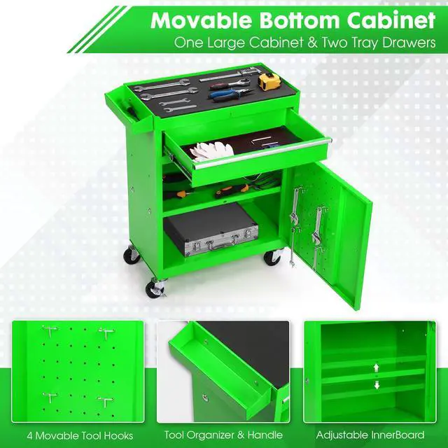 Alt view image 6 of 6 - 5-Drawer Rolling Tool Chest 2-in-1 Lockable Tool Box with Wheels, Sliding Drawers & Detachable Top Garage & Workshop Storage Cabinet, Green