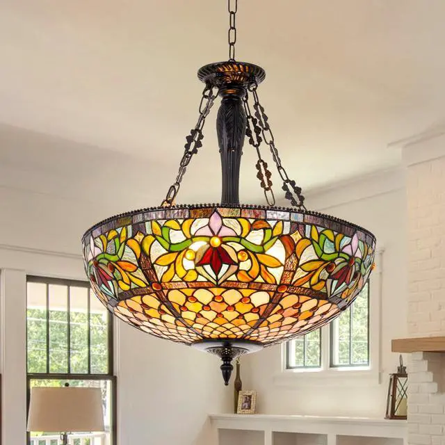 Main image of Vintage Pendant Light Fixture 19'' Wide 5-Light Victorain Rustic Style Stained Glass Chandeliers Hanging Lamp Inverted Ceiling Pendant Lights for Living Dining Room Kitchen Bedroom Entryway