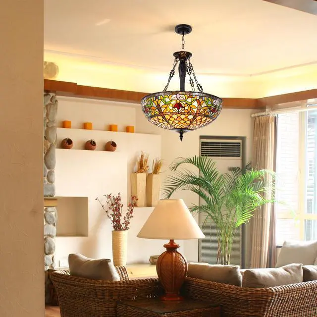 Alt view image 2 of 6 - Vintage Pendant Light Fixture 19'' Wide 5-Light Victorain Rustic Style Stained Glass Chandeliers Hanging Lamp Inverted Ceiling Pendant Lights for Living Dining Room Kitchen Bedroom Entryway