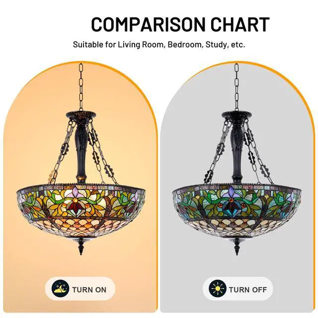 Alt view image 3 of 6 - Vintage Pendant Light Fixture 19'' Wide 5-Light Victorain Rustic Style Stained Glass Chandeliers Hanging Lamp Inverted Ceiling Pendant Lights for Living Dining Room Kitchen Bedroom Entryway