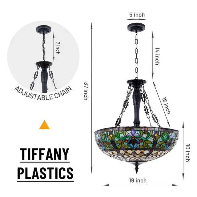 Alt view image 4 of 6 - Vintage Pendant Light Fixture 19'' Wide 5-Light Victorain Rustic Style Stained Glass Chandeliers Hanging Lamp Inverted Ceiling Pendant Lights for Living Dining Room Kitchen Bedroom Entryway