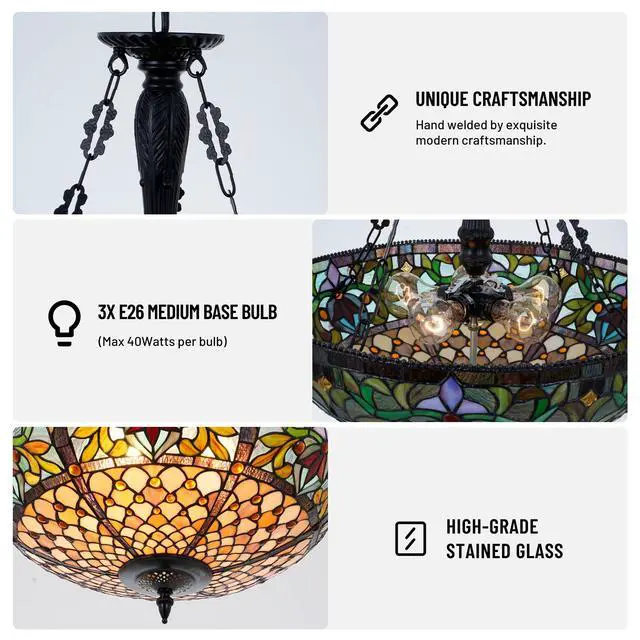 Alt view image 5 of 6 - Vintage Pendant Light Fixture 19'' Wide 5-Light Victorain Rustic Style Stained Glass Chandeliers Hanging Lamp Inverted Ceiling Pendant Lights for Living Dining Room Kitchen Bedroom Entryway