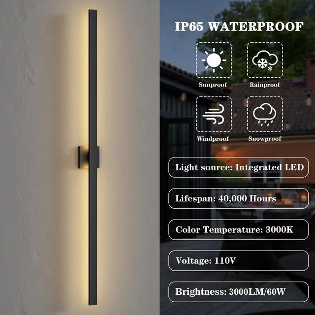 Alt view image 5 of 6 - 63 Inch Aluminum Long Outdoor Modern LED Wall Light 3000K 3000LM, Slim Linear Exterior Lighting Fixtures Wall Mount, Waterproof IP65 Black Outside Sconce for House Porch Patio Garage Door Yard