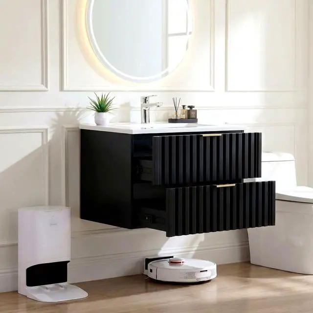 Main image of Bathroom Vanity with Sink Combo, Wall Mounted Black Fluted Cabinet with 2 Golden Metal Handle Drawers, Modern Floating Bathroom Cabinet with Ceramic Integrated Sink (30", Black)