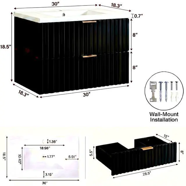 Alt view image 2 of 6 - Bathroom Vanity with Sink Combo, Wall Mounted Black Fluted Cabinet with 2 Golden Metal Handle Drawers, Modern Floating Bathroom Cabinet with Ceramic Integrated Sink (30", Black)