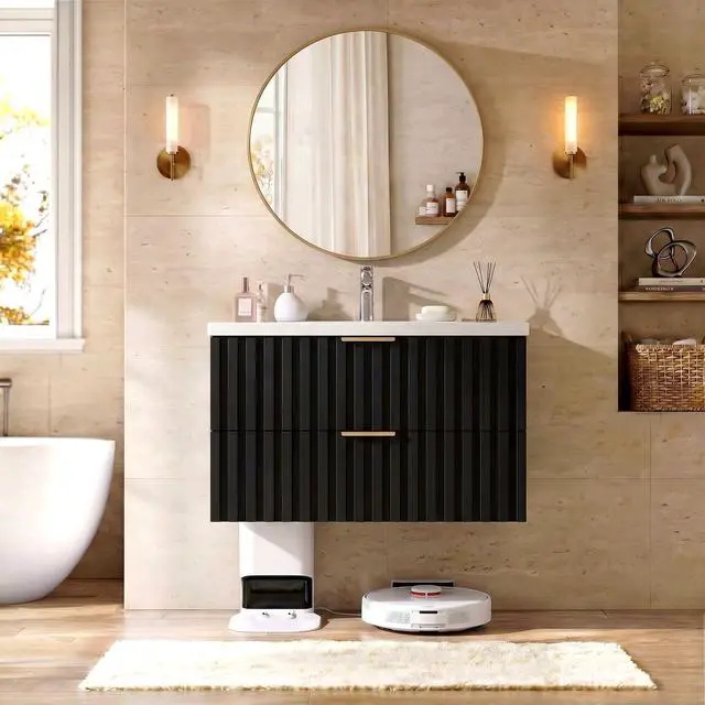 Alt view image 3 of 6 - Bathroom Vanity with Sink Combo, Wall Mounted Black Fluted Cabinet with 2 Golden Metal Handle Drawers, Modern Floating Bathroom Cabinet with Ceramic Integrated Sink (30", Black)
