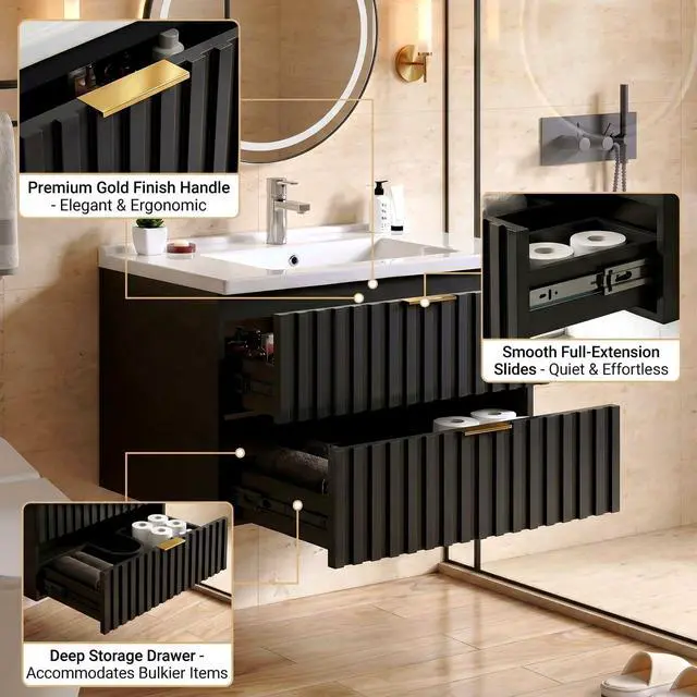 Alt view image 4 of 6 - Bathroom Vanity with Sink Combo, Wall Mounted Black Fluted Cabinet with 2 Golden Metal Handle Drawers, Modern Floating Bathroom Cabinet with Ceramic Integrated Sink (30", Black)