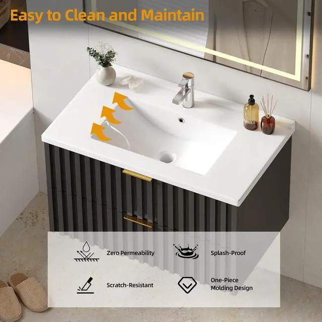Alt view image 5 of 6 - Bathroom Vanity with Sink Combo, Wall Mounted Black Fluted Cabinet with 2 Golden Metal Handle Drawers, Modern Floating Bathroom Cabinet with Ceramic Integrated Sink (30", Black)