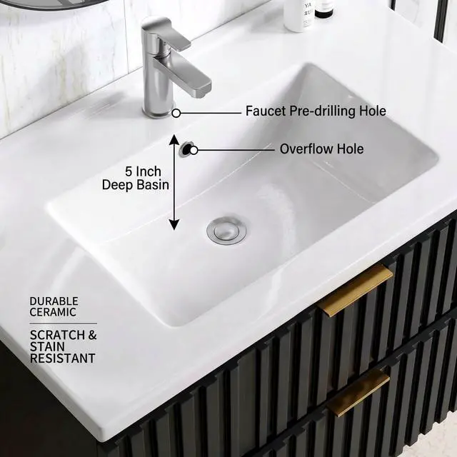 Alt view image 6 of 6 - Bathroom Vanity with Sink Combo, Wall Mounted Black Fluted Cabinet with 2 Golden Metal Handle Drawers, Modern Floating Bathroom Cabinet with Ceramic Integrated Sink (30", Black)