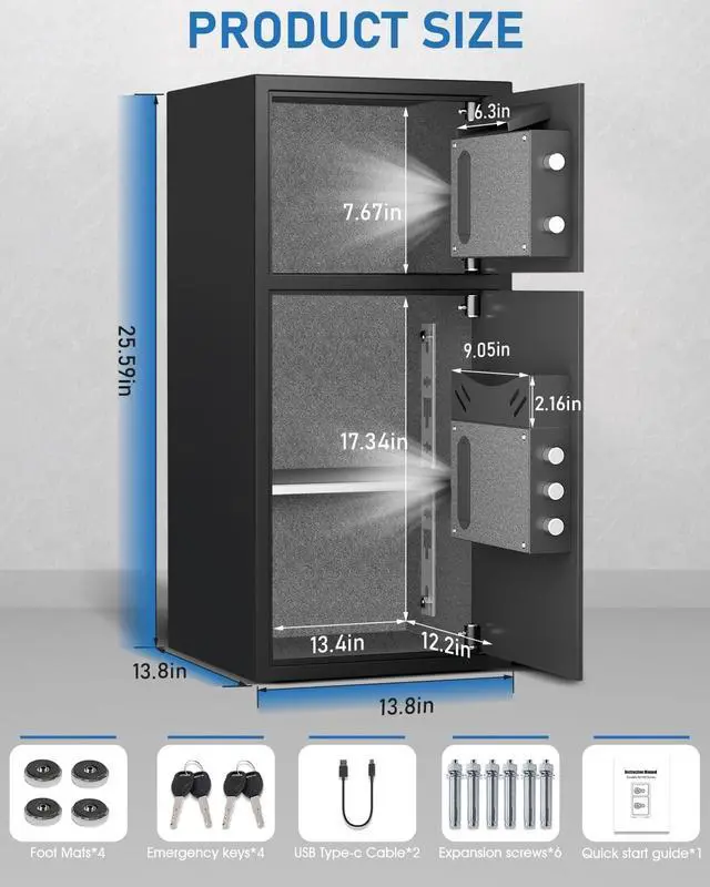 Alt view image 3 of 6 - 6.0 Cu Ft Safe Box Fireproof Waterproof,with LED Light fire proof safe for home documents,Fingerprint password personal Safe with Deposit Slot & Dual Alarm System,Security Box fo Valuables
