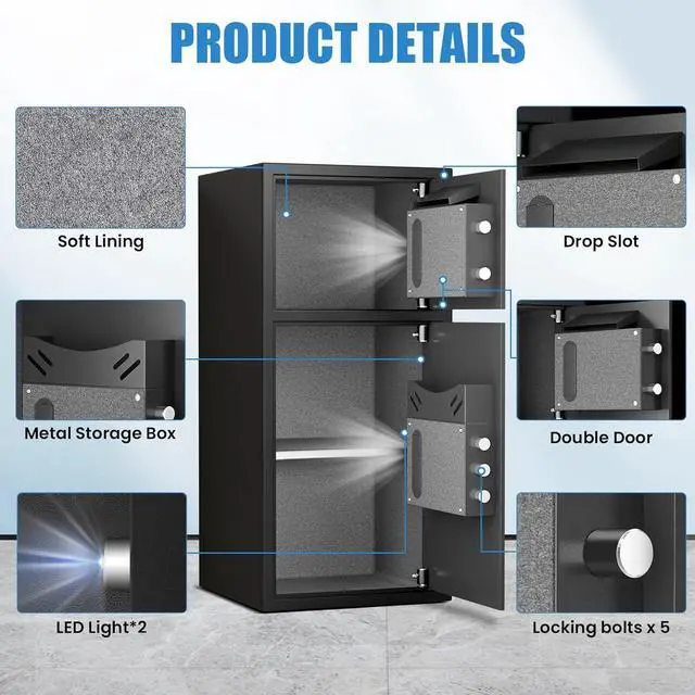 Alt view image 5 of 6 - 6.0 Cu Ft Safe Box Fireproof Waterproof,with LED Light fire proof safe for home documents,Fingerprint password personal Safe with Deposit Slot & Dual Alarm System,Security Box fo Valuables