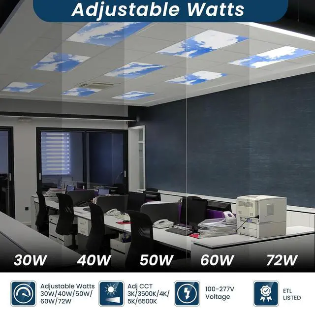 Alt view image 2 of 6 - 2-Pack 2x4 LED Flat Panel Light, Drop Ceiling Light Fixture with Cloud Design Tunable 30W-72W, Upto 8750 Lumens 3000K-6500K CCT, 0-10V Dimmable Skylight ETL, 120-277V 48x24 Inch LED Panel