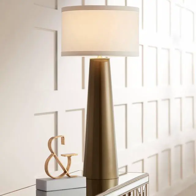 Main image of Karen Modern Table Lamp 36" Tall Dark Gold Tapered Glass Column Off White Fabric Drum Shade Decor for Living Room Bedroom House Bedside Nightstand Home Office Entryway Family