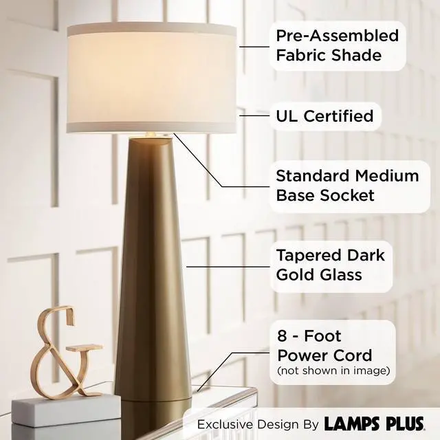 Alt view image 3 of 6 - Karen Modern Table Lamp 36" Tall Dark Gold Tapered Glass Column Off White Fabric Drum Shade Decor for Living Room Bedroom House Bedside Nightstand Home Office Entryway Family
