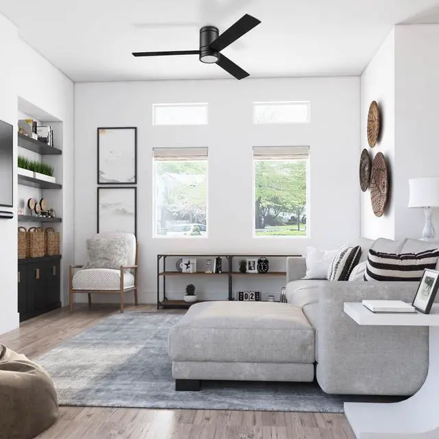 Alt view image 2 of 6 - Espy Modern 52 Inch Ceiling Fan with Light, LED, Remote Control, Flush Mount Indoor Fan with 3 Blades, Matte Black and Honey Birch Blade Finish Options, Matte Black (51464-01)
