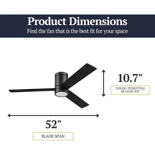 Alt view image 3 of 6 - Espy Modern 52 Inch Ceiling Fan with Light, LED, Remote Control, Flush Mount Indoor Fan with 3 Blades, Matte Black and Honey Birch Blade Finish Options, Matte Black (51464-01)