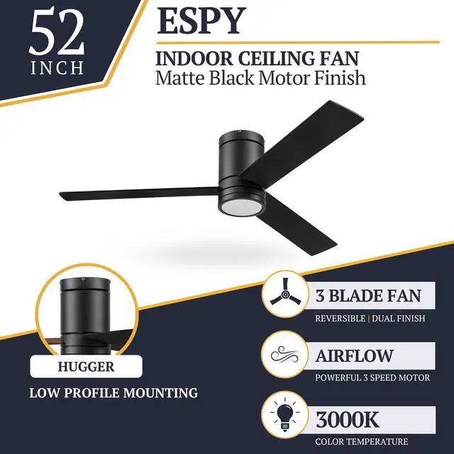 Alt view image 4 of 6 - Espy Modern 52 Inch Ceiling Fan with Light, LED, Remote Control, Flush Mount Indoor Fan with 3 Blades, Matte Black and Honey Birch Blade Finish Options, Matte Black (51464-01)