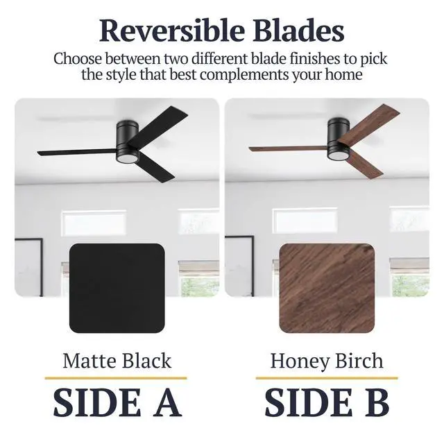 Alt view image 5 of 6 - Espy Modern 52 Inch Ceiling Fan with Light, LED, Remote Control, Flush Mount Indoor Fan with 3 Blades, Matte Black and Honey Birch Blade Finish Options, Matte Black (51464-01)