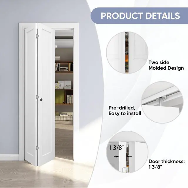 Alt view image 2 of 6 - 30in. x 80in. Bifold Door, 1 Panel Primed Bifold Interior Doors, Hollow Core Bi Fold Closet Door with Hardware Kit Include, Folding Doors for Laundry, Pantry & Bedroom