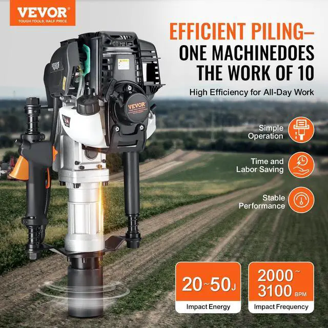 Alt view image 2 of 6 - 37.77cc Gas-Powered T Post Driver, 4-Stroke Engine Gasoline Fence Piling Pounder, with 2 Post Driving Head(55/70 mm), 1000W Portable Piledriver for Farm, Ranch Fencing, Road Improvements