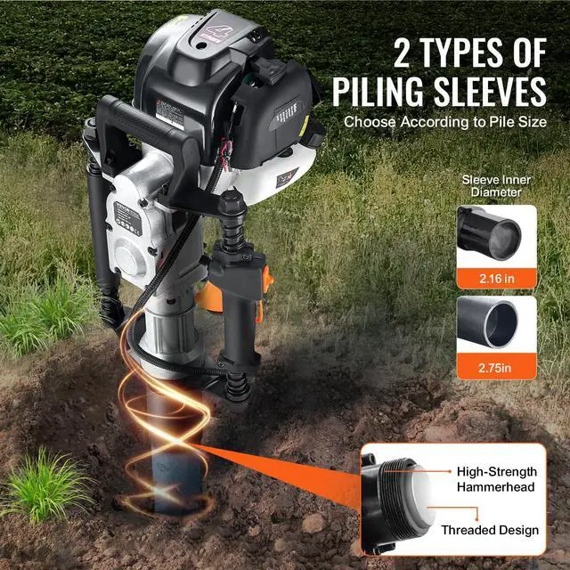 Alt view image 3 of 6 - 37.77cc Gas-Powered T Post Driver, 4-Stroke Engine Gasoline Fence Piling Pounder, with 2 Post Driving Head(55/70 mm), 1000W Portable Piledriver for Farm, Ranch Fencing, Road Improvements