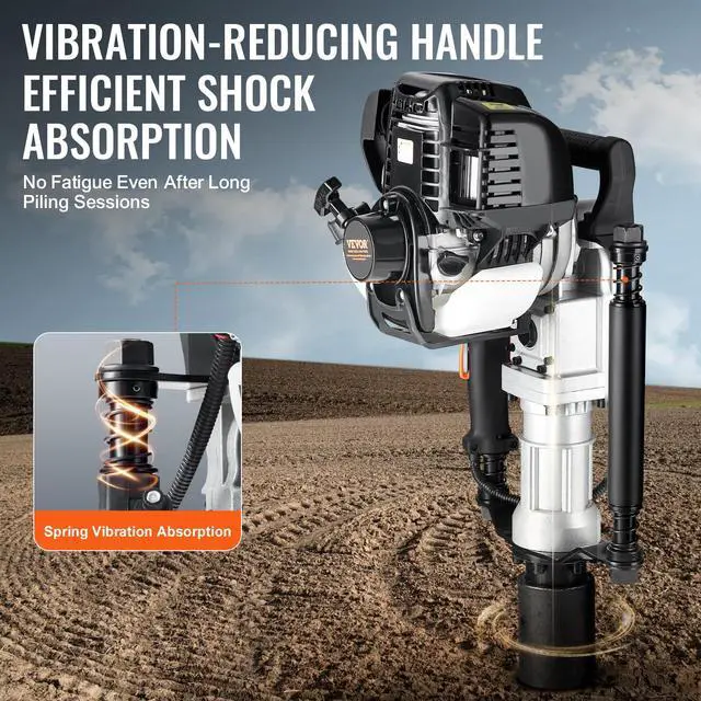 Alt view image 5 of 6 - 37.77cc Gas-Powered T Post Driver, 4-Stroke Engine Gasoline Fence Piling Pounder, with 2 Post Driving Head(55/70 mm), 1000W Portable Piledriver for Farm, Ranch Fencing, Road Improvements