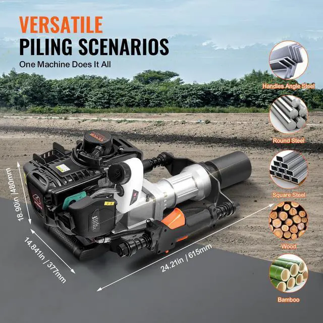 Alt view image 6 of 6 - 37.77cc Gas-Powered T Post Driver, 4-Stroke Engine Gasoline Fence Piling Pounder, with 2 Post Driving Head(55/70 mm), 1000W Portable Piledriver for Farm, Ranch Fencing, Road Improvements