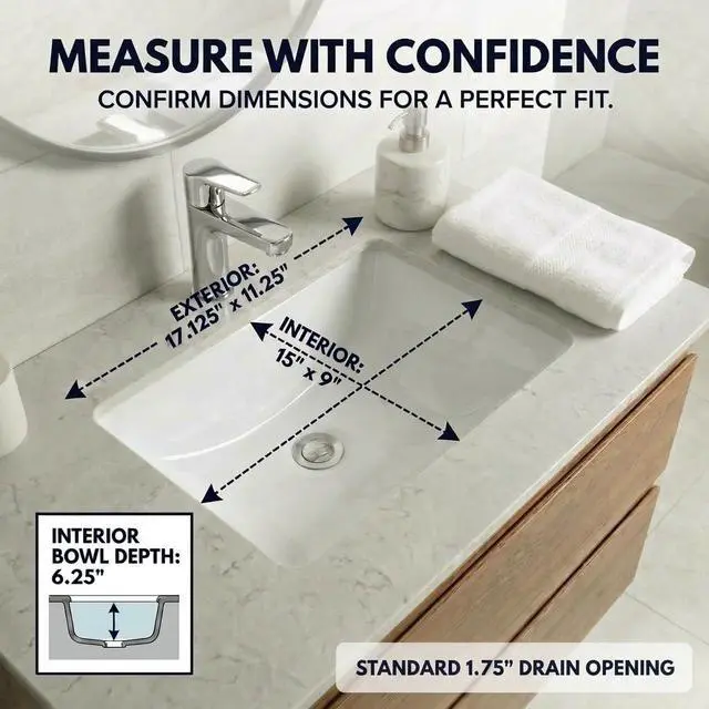 Alt view image 2 of 6 - UM-159-W Small Undermount Bathroom Sink 15" x 9" Interior Rectangular Bowl, Ceramic Bath Sink for Vanity, w Overflow, High Gloss White Vitreous China, Scratch & Stain Resistant