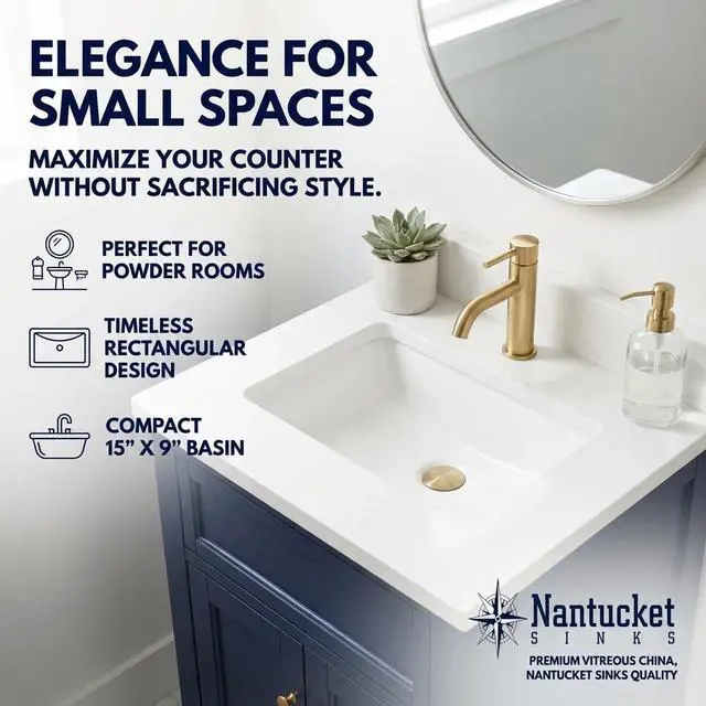 Alt view image 3 of 6 - UM-159-W Small Undermount Bathroom Sink 15" x 9" Interior Rectangular Bowl, Ceramic Bath Sink for Vanity, w Overflow, High Gloss White Vitreous China, Scratch & Stain Resistant