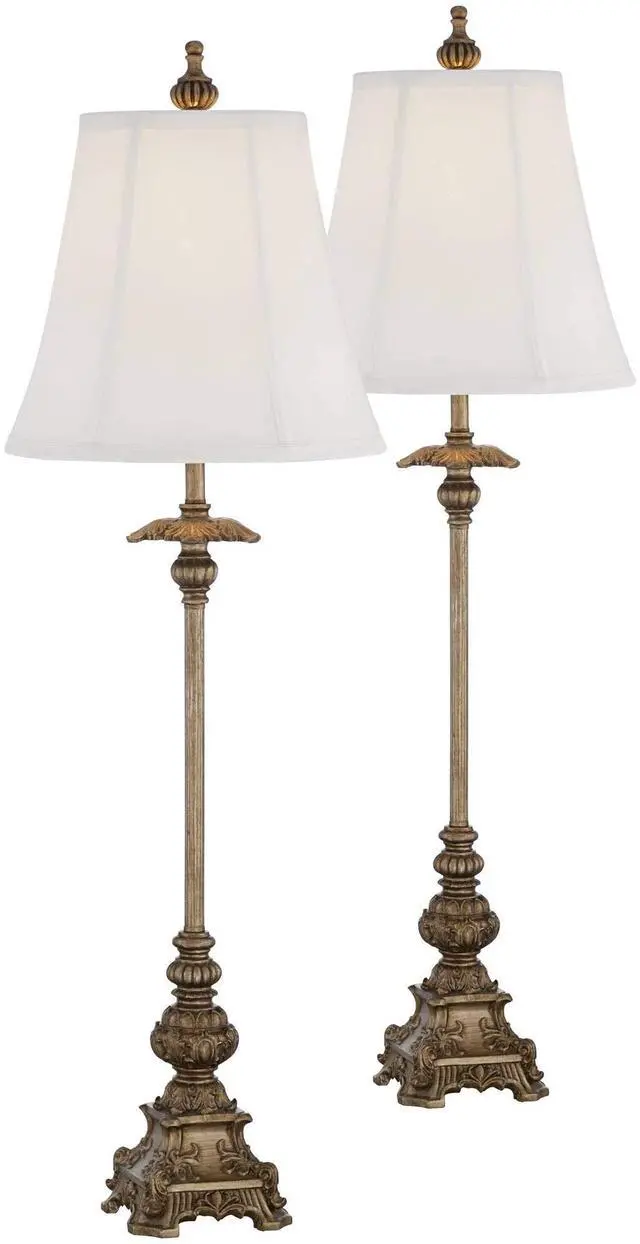 Main image of Juliette Traditional French Country Style Buffet Table Lamps 36.5" Tall Skinny Set of 2 Antique Gold Ornate Base White Fabric Bell Shade Decor for Living Room House Home Dining