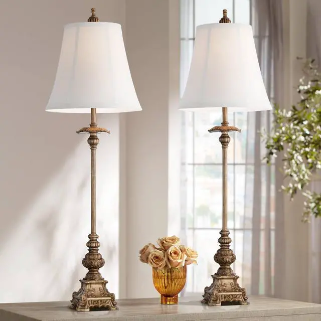 Alt view image 2 of 5 - Juliette Traditional French Country Style Buffet Table Lamps 36.5" Tall Skinny Set of 2 Antique Gold Ornate Base White Fabric Bell Shade Decor for Living Room House Home Dining