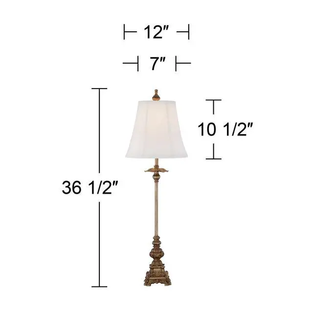 Alt view image 4 of 5 - Juliette Traditional French Country Style Buffet Table Lamps 36.5" Tall Skinny Set of 2 Antique Gold Ornate Base White Fabric Bell Shade Decor for Living Room House Home Dining